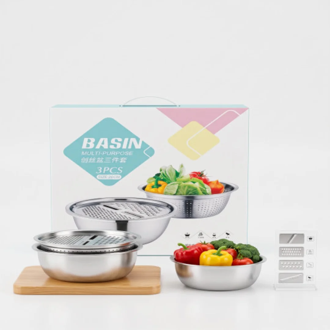 3-in-1 Stainless Steel Multi-Purpose Basin Set (26cm) - Vegetable Cutter, Grater & Drain Basket Mixing Bowl