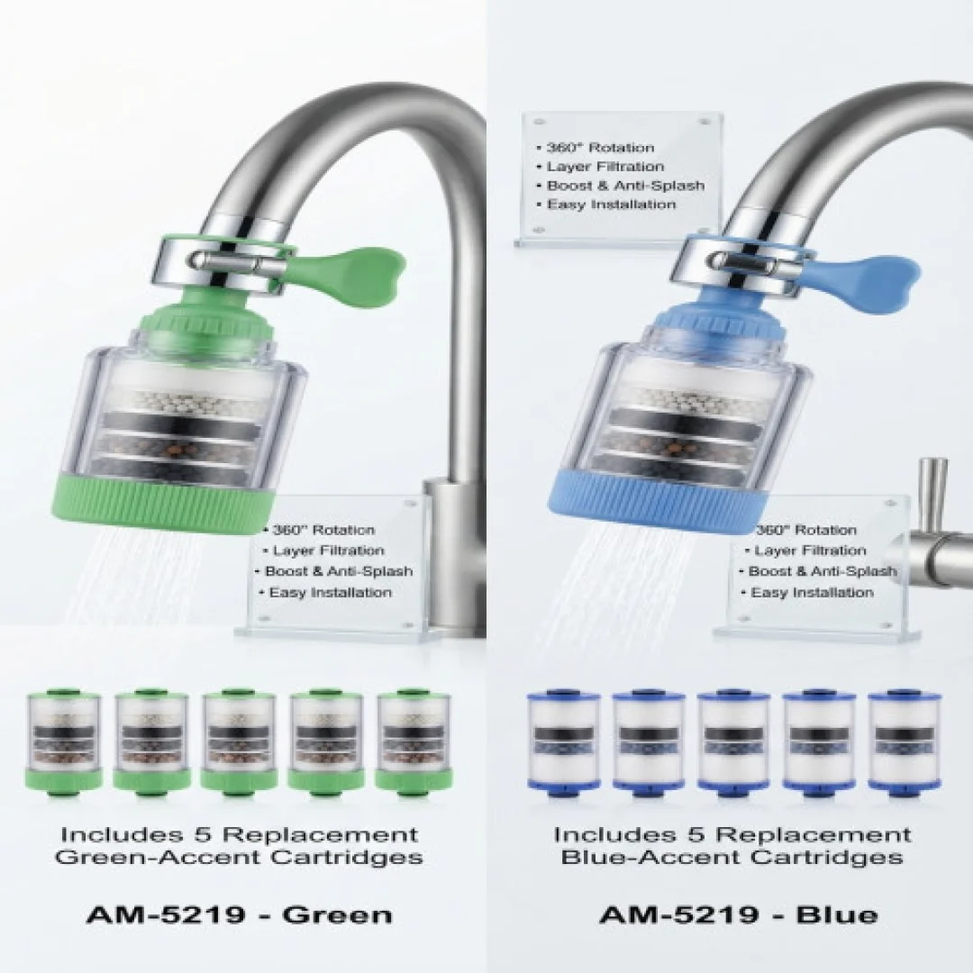360° Rotating Tap Water Filter with 5 Filter Cartridges - Water Purifying Faucet Extender