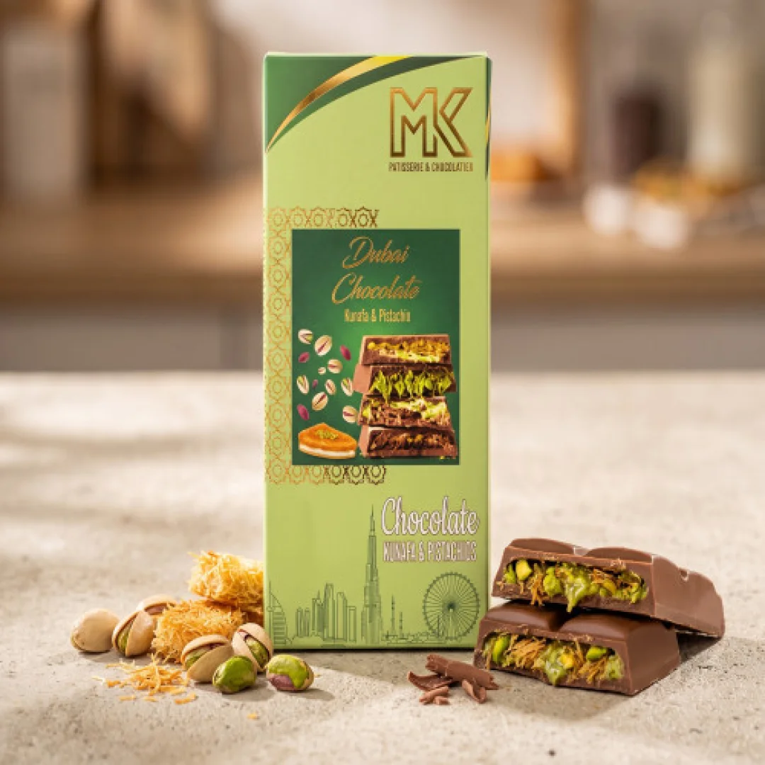Original MK Dubai Kunafa Pistachio Chocolate Bar – Premium Crispy Dessert 100g — image 2