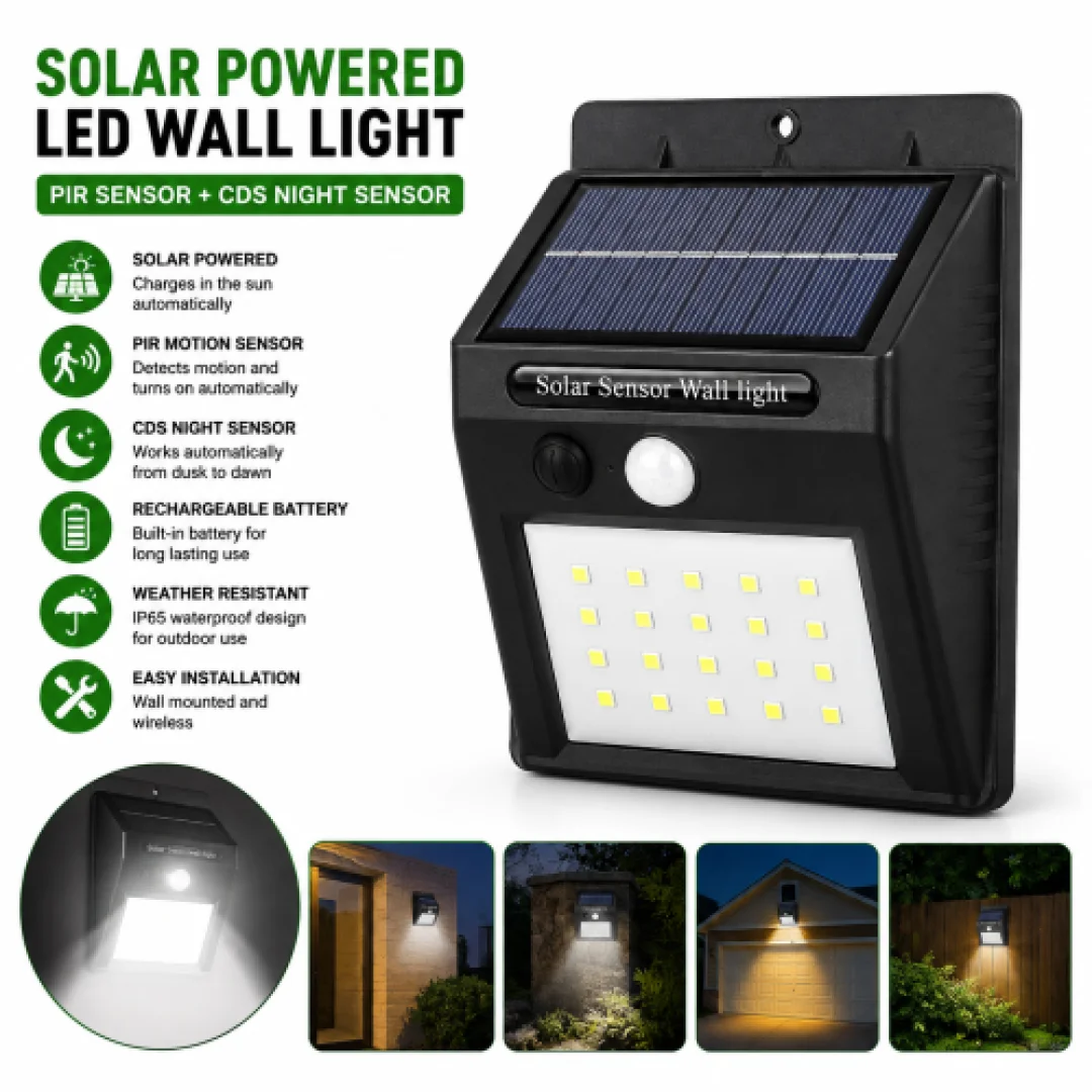 Solar Powered LED Wall Light with PIR Motion & Light Sensor