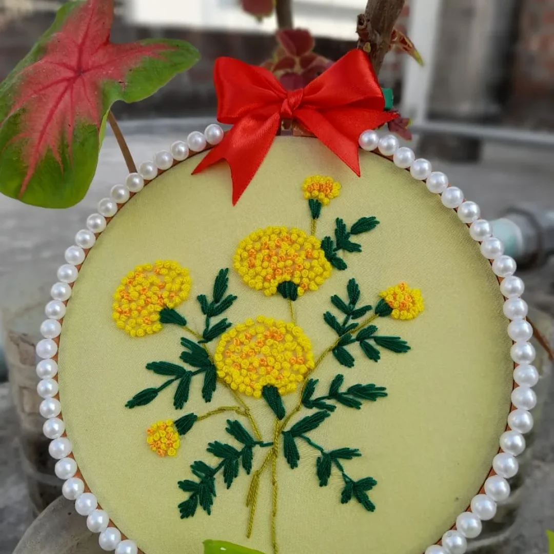 Embroidered Marigold & Pearl Garland Hoop Art