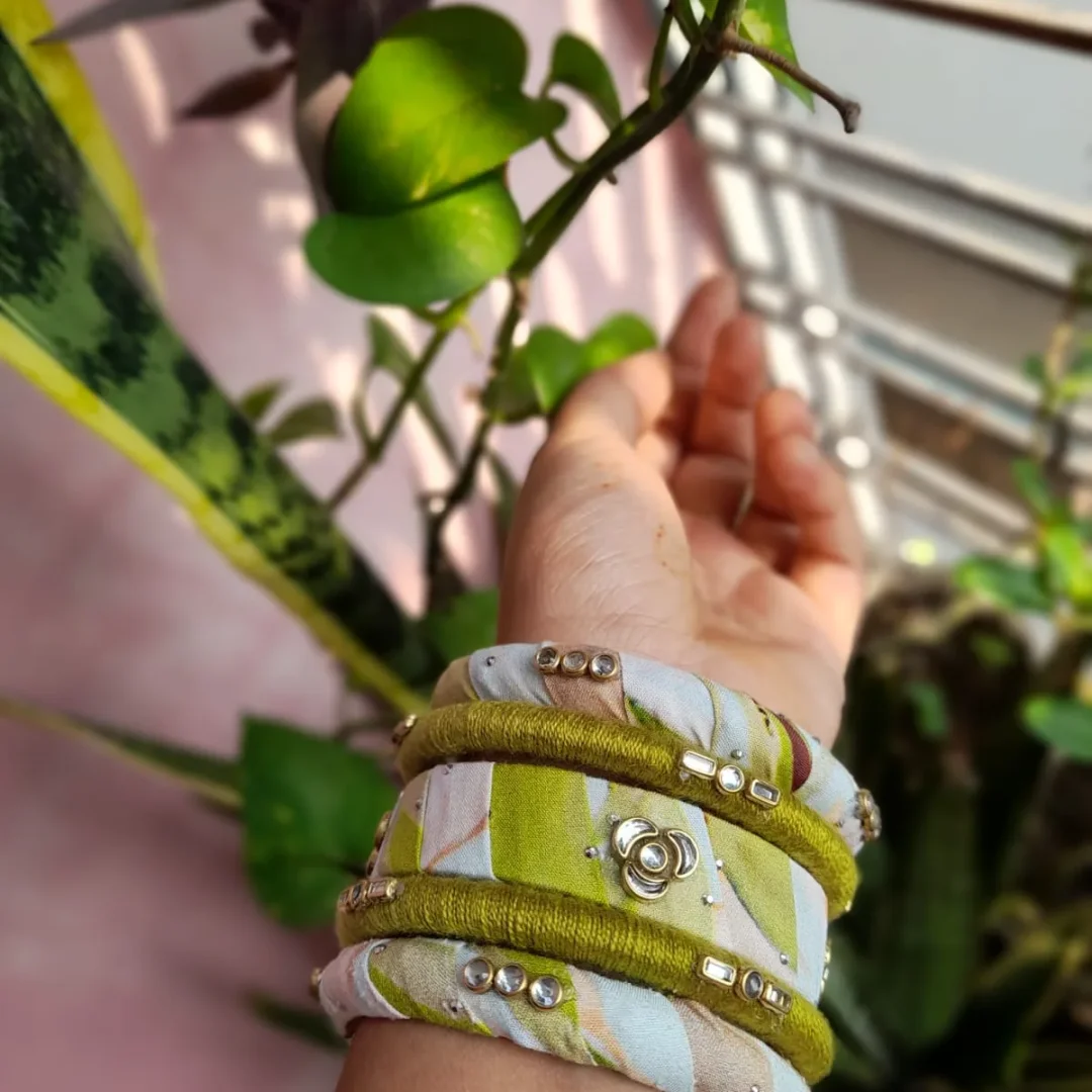 Green-White Printed Fabric & Olive Thread Stone Work Bangle Set