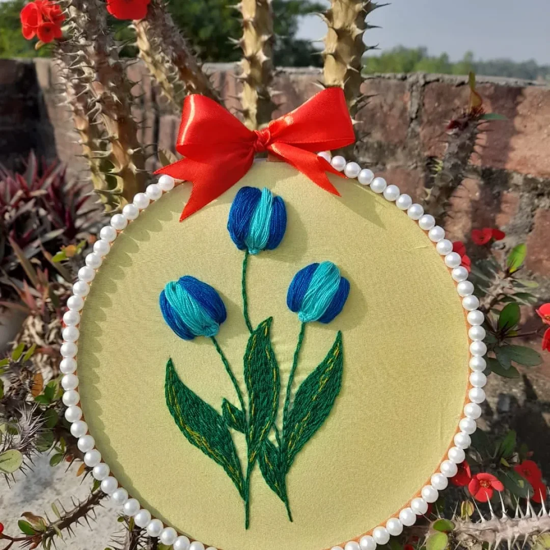 Pearl & Red Ribbon Tulip Embroidery Hoop Art