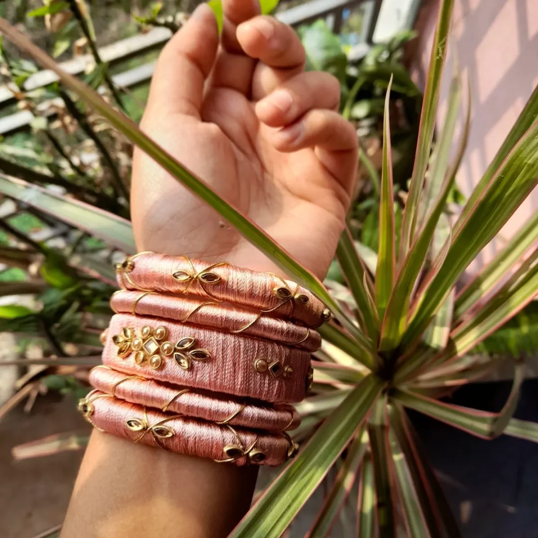 Pink Silk Thread & Kundan Work Bangle Set
