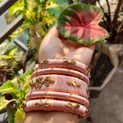 Pink Silk Thread & Kundan Work Bangle Set — image 2