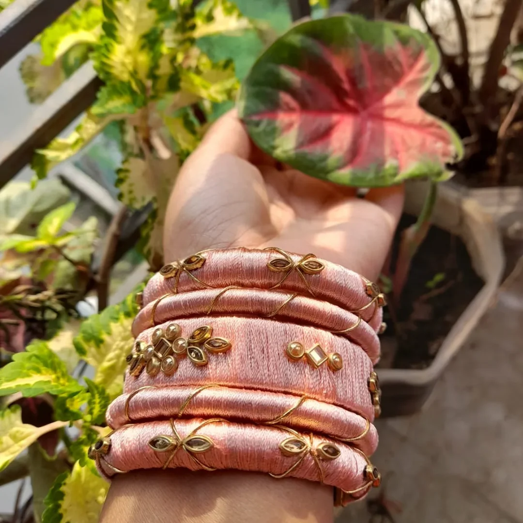 Pink Silk Thread & Kundan Work Bangle Set — image 2