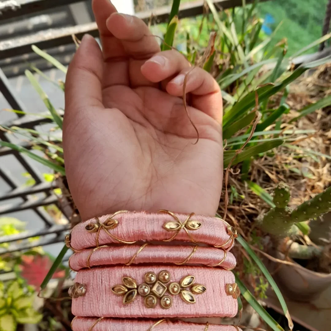 Pink Silk Thread & Kundan Work Bangle Set — image 3