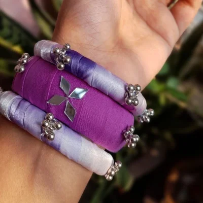 Purple and lavender fabric mirror-work bangle set. — image 1