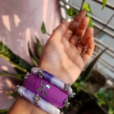 Purple and lavender fabric mirror-work bangle set. — image 2