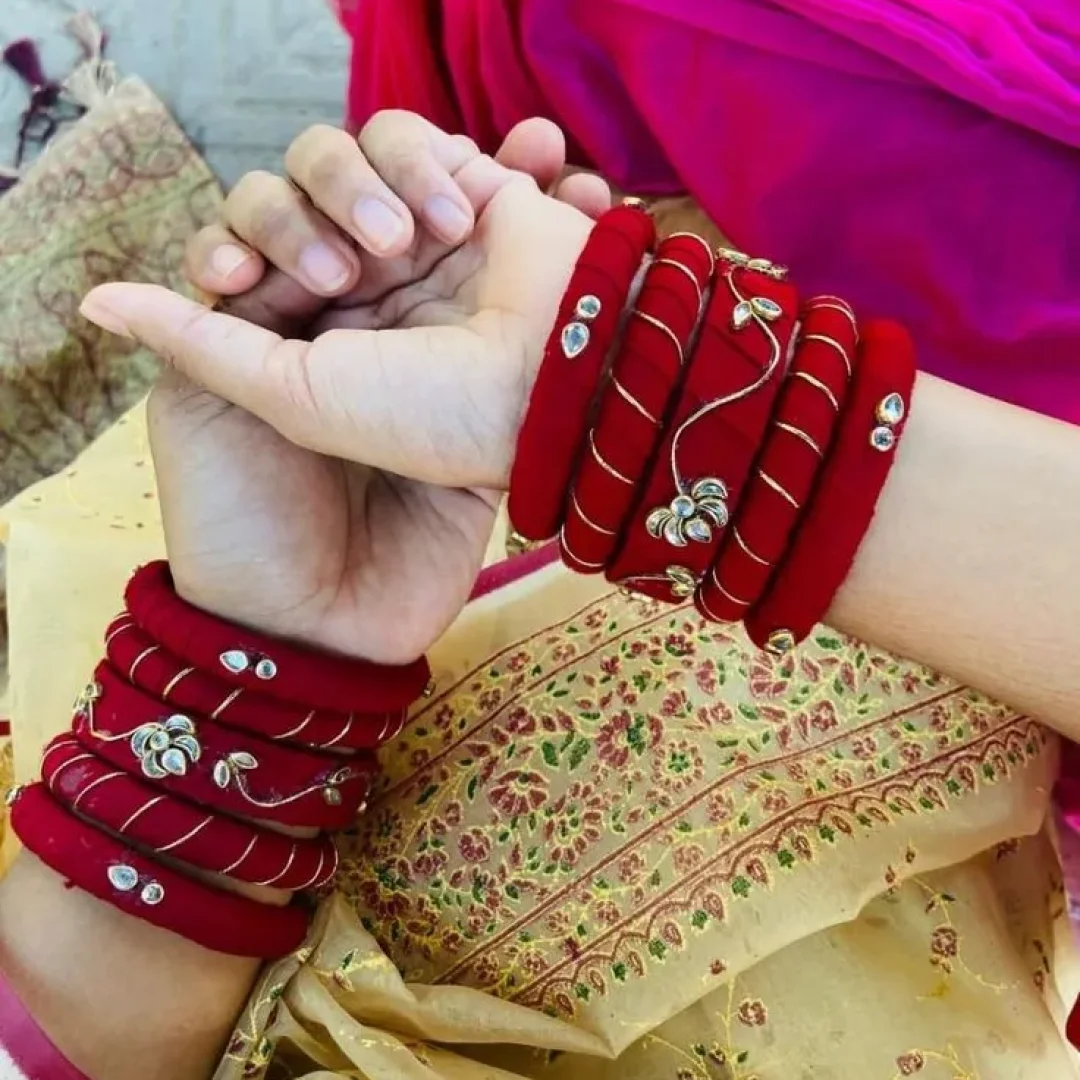Red Silk Thread, Golden Design & Kundan Stone Bangle Set
