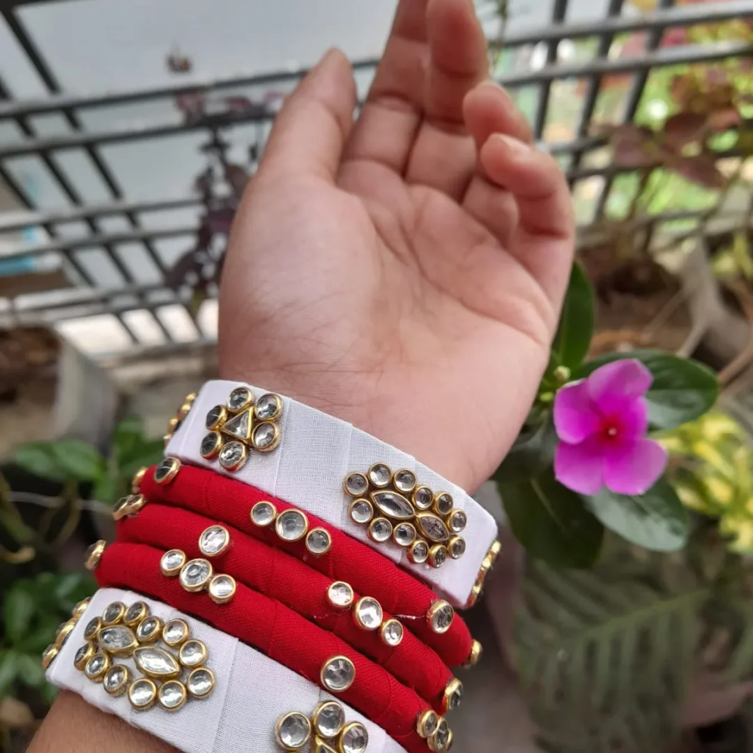 White & Red Silk Thread & Kundan Bangle Set