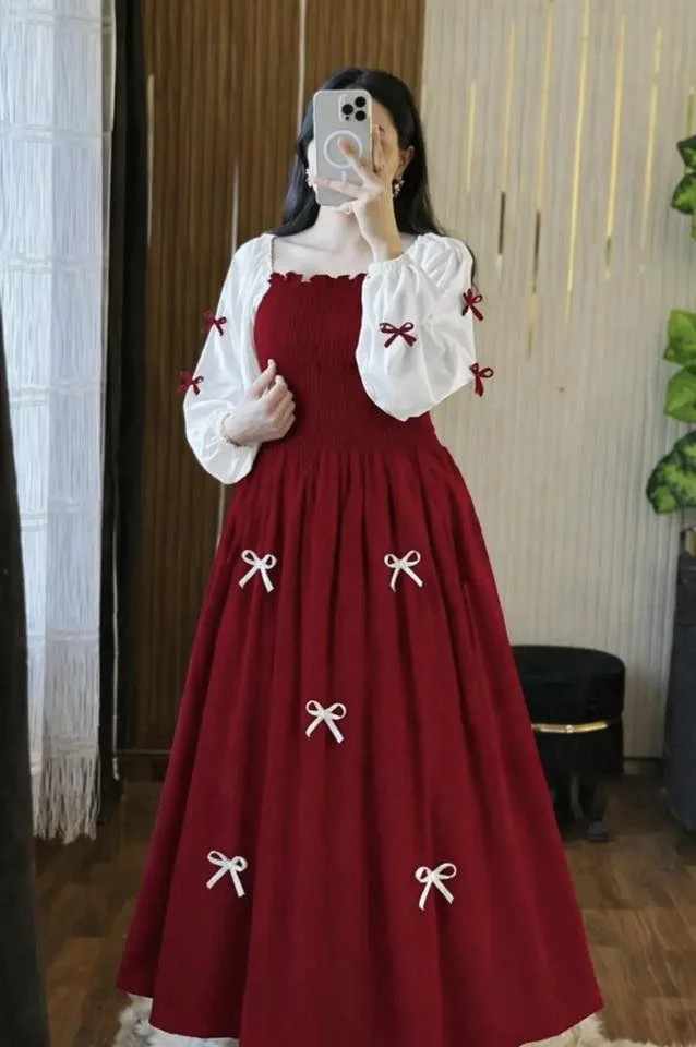 Viral Pookie Gown for Women – Stylish Long Gown with Puff Sleeves & Bow Design — image 3