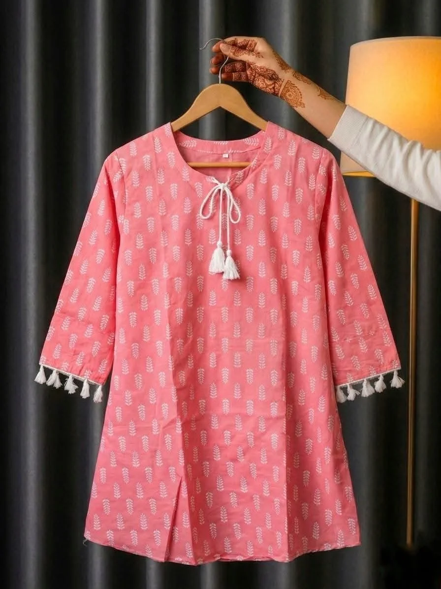 Women’s One Piece Short Kurti – Stylish Printed Kurti with Tassel & Lace Sleeves — image 9