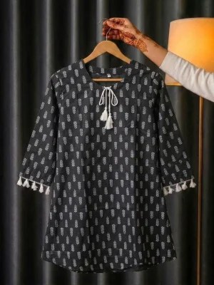 Women’s One Piece Short Kurti – Stylish Printed Kurti with Tassel & Lace Sleeves — image 8
