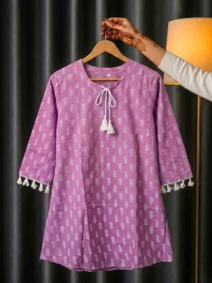 Women’s One Piece Short Kurti – Stylish Printed Kurti with Tassel & Lace Sleeves — image 4
