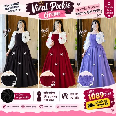 Viral Pookie Gown for Women – Stylish Long Gown with Puff Sleeves & Bow Design — image 1