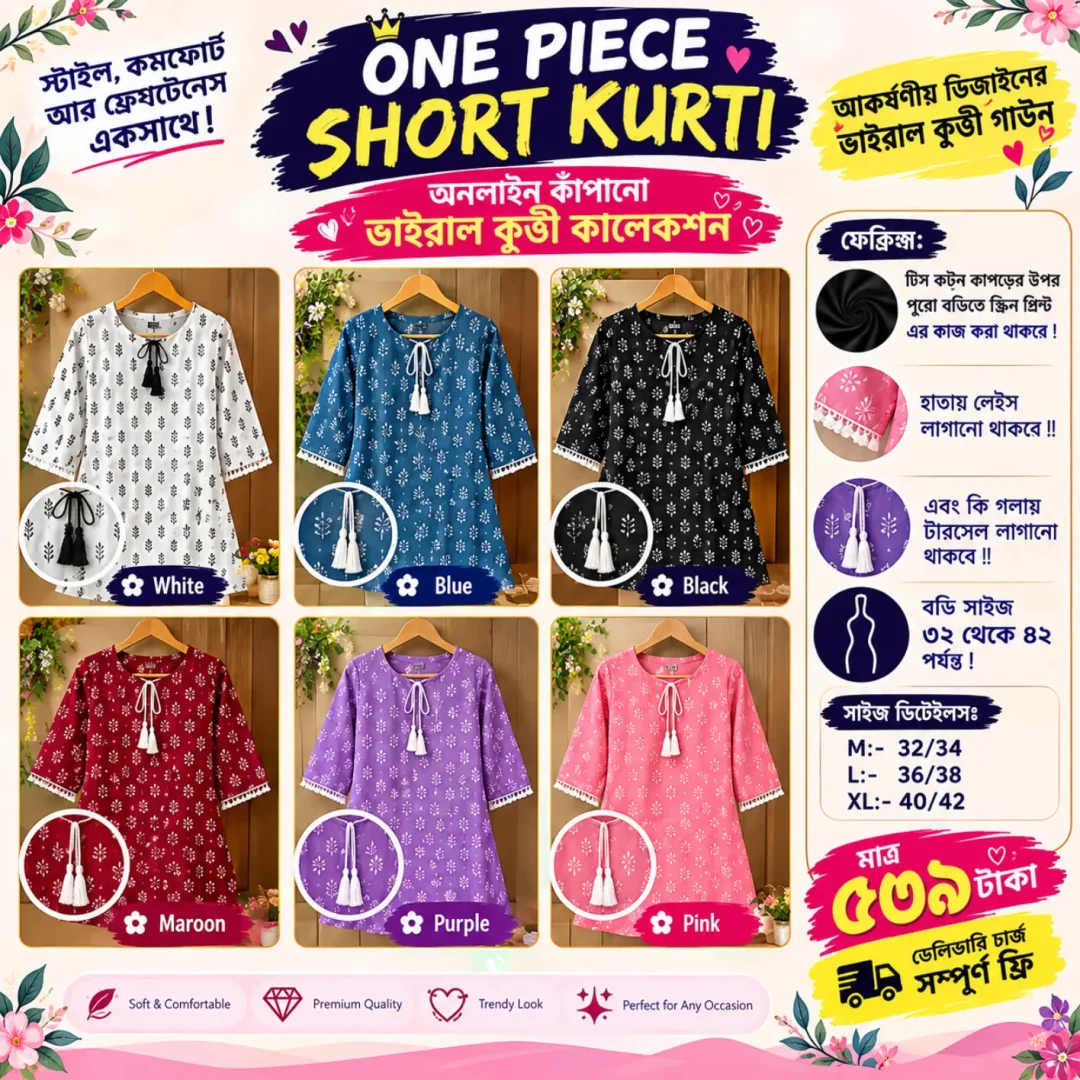 Women’s One Piece Short Kurti – Stylish Printed Kurti with Tassel & Lace Sleeves
