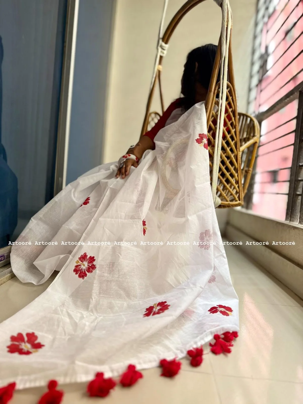 বোতল গ্রীন সেমি-মুসলিন শাড়ি — ছবি 3
